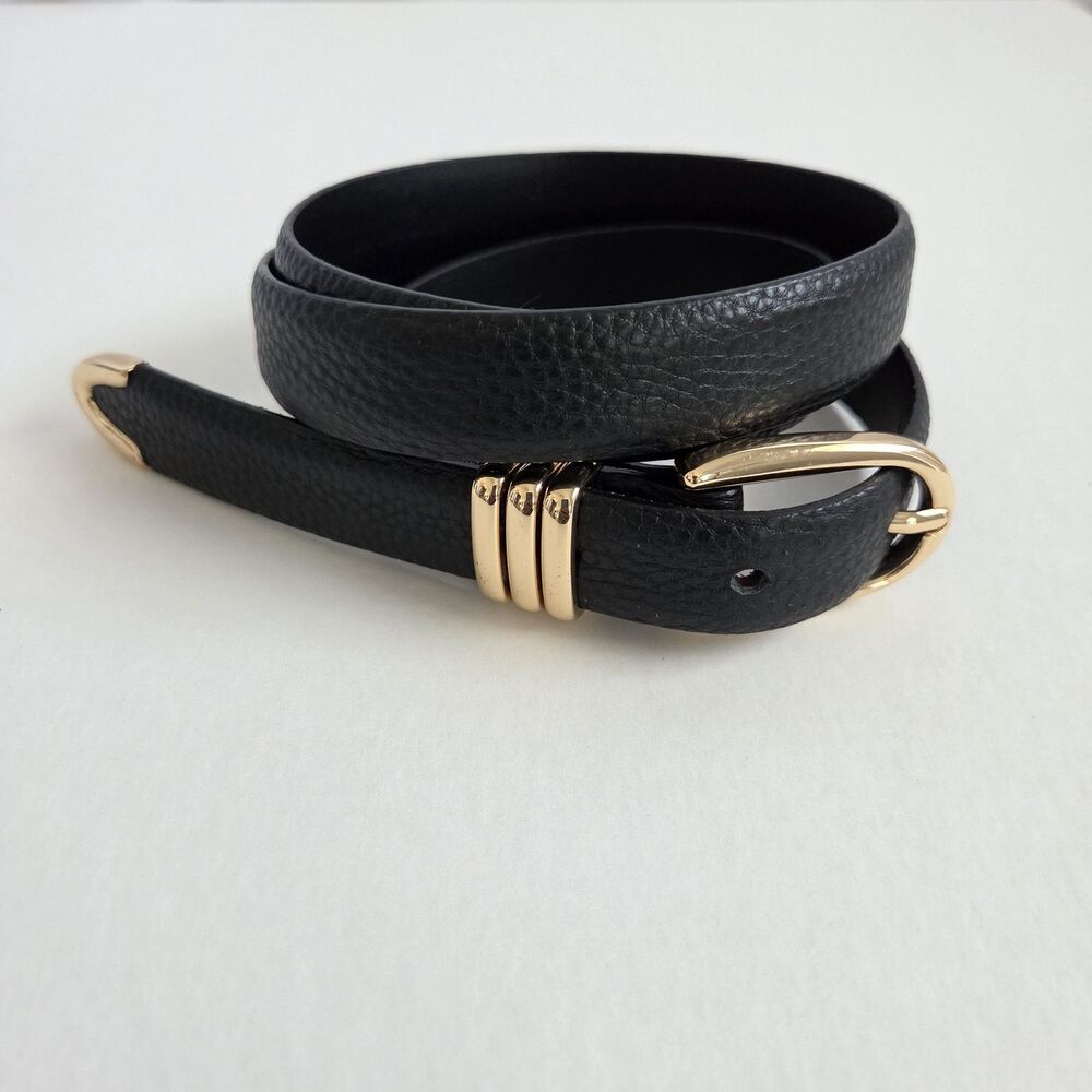 Nordstrom Women's Black Leather Belt Small Gold Tip Gold Buckle Fits 29-35"